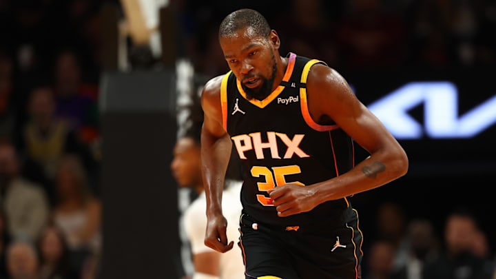 Dec 3, 2024; Phoenix, Arizona, USA; Phoenix Suns forward Kevin Durant (35) against the San Antonio Spurs in the first half of an NBA Cup game at Footprint Center. Mandatory Credit: Mark J. Rebilas-Imagn Images Dec 3, 2024; Phoenix, Arizona, USA; Phoenix Suns forward Kevin Durant (35) against the San Antonio Spurs in the first half of an NBA Cup game at Footprint Center. Mandatory Credit: Mark J. Rebilas-Imagn Images