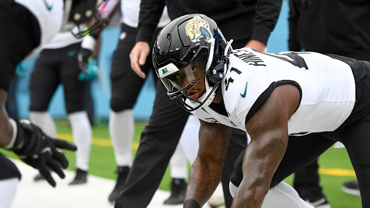 Dec 8, 2024; Nashville, Tennessee, USA;  Jacksonville Jaguars defensive end Josh Hines-Allen (41) warms up before a game against the Tennessee Titans at Nissan Stadium. Mandatory Credit: Steve Roberts-Imagn Images