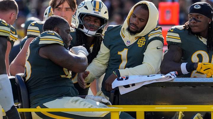 Green Bay Packers defensive end Micah Parsons (1) checks on defensive tackle Javon Hargrave (98) as Hargrave is carted off the field with an injury against the Chicago Bears on Sunday, Oct. 11, 2026, at Lambeau Field in Green Bay, Wisconsin. The Packers won the game, 31-7.
Tork Mason/Green Bay Press-Gazette Green Bay Packers defensive end Micah Parsons (1) checks on defensive tackle Javon Hargrave (98) as Hargrave is carted off the field with an injury against the Chicago Bears on Sunday, Oct. 11, 2026, at Lambeau Field in Green Bay, Wisconsin. The Packers won the game, 31-7.
Tork Mason/Green Bay Press-Gazette