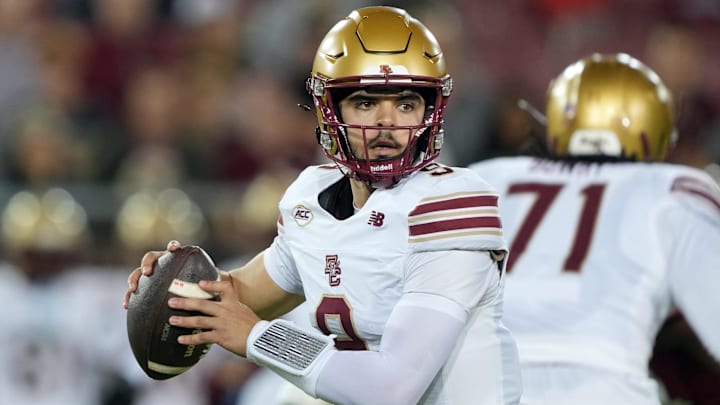 Sep 13, 2025; Stanford, California, USA; Boston College Eagles quarterback Dylan Lonergan (9) passes against the Stanford Cardinal during the first quarter at Stanford Stadium. Mandatory Credit: Darren Yamashita-Imagn Images Sep 13, 2025; Stanford, California, USA; Boston College Eagles quarterback Dylan Lonergan (9) passes against the Stanford Cardinal during the first quarter at Stanford Stadium. Mandatory Credit: Darren Yamashita-Imagn Images