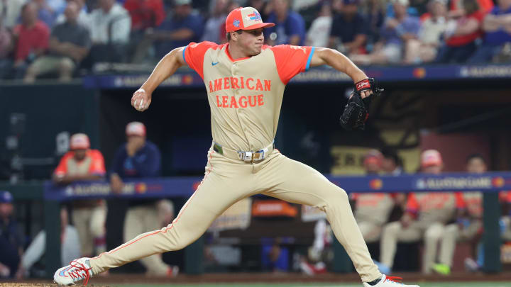 Jul 16, 2024; Arlington, Texas, USA; American League pitcher Mason Miller of the Oakland Athletics (19) pitches in the fifth inning during the 2024 MLB All-Star game at Globe Life Field. 