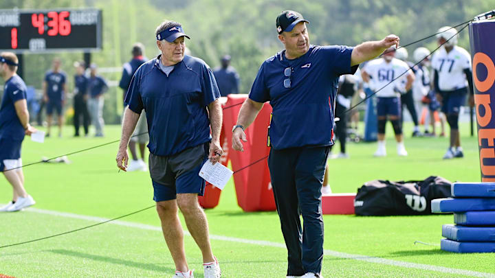 Jul 26, 2023; Foxborough, MA, USA; New England Patriots offensive coordinator/quarterbacks coach Bill O'Brien (right) points something out to head coach Bill Belichick during training camp at Gillette Stadium. Mandatory Credit: Eric Canha-Imagn Images Jul 26, 2023; Foxborough, MA, USA; New England Patriots offensive coordinator/quarterbacks coach Bill O'Brien (right) points something out to head coach Bill Belichick during training camp at Gillette Stadium. Mandatory Credit: Eric Canha-Imagn Images