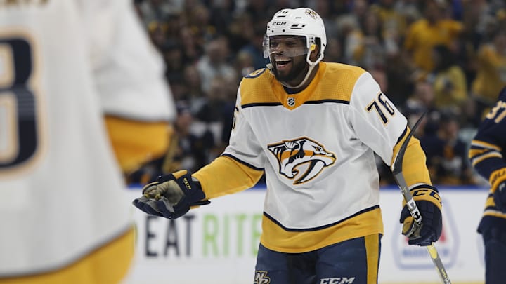 Apr 2, 2019; Buffalo, NY, USA; Nashville Predators defenseman P.K. Subban (76) celebrates after a Predators goal against the Buffalo Sabres during the first period at KeyBank Center. Mandatory Credit: Timothy T. Ludwig-Imagn Images