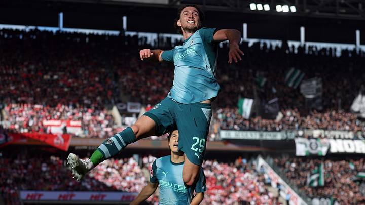 Joe Scally celebrates his goal against Köln. Joe Scally celebrates his goal against Köln.