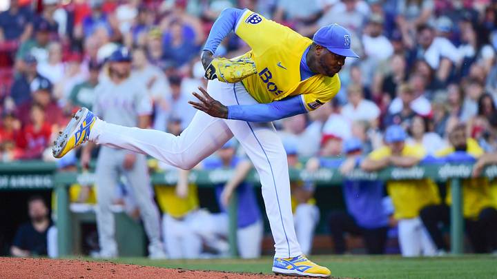 Jun 13, 2026; Boston, Massachusetts, USA; Boston Red Sox pitcher Aroldis Chapman (44) pitches during the ninth inning against the Texas Rangers at Fenway Park. Mandatory Credit: Bob DeChiara-Imagn Images Jun 13, 2026; Boston, Massachusetts, USA; Boston Red Sox pitcher Aroldis Chapman (44) pitches during the ninth inning against the Texas Rangers at Fenway Park. Mandatory Credit: Bob DeChiara-Imagn Images