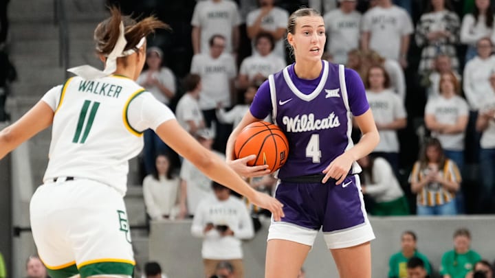 Jan 22, 2024; Waco, Texas, USA; Kansas State Wildcats guard Serena Sundell (4) calls a play as the Wildcats take o the Baylor Bears in Waco, Texas.
