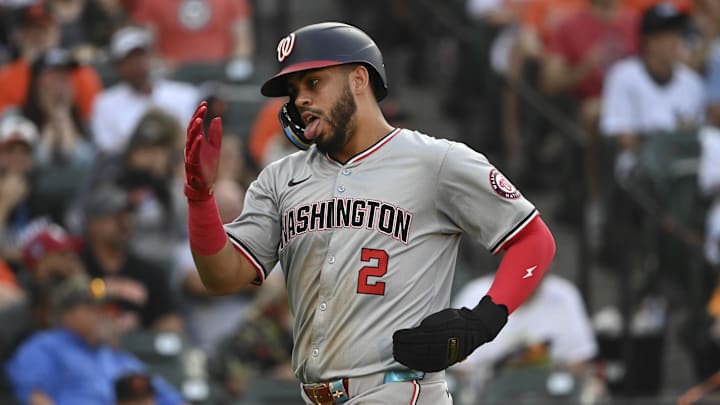 Aug 14, 2024; Baltimore, Maryland, USA; Washington Nationals second baseman Luis Garcia Jr. (2) rounds third base to score on right fielder Alex Call (not pictured) second inning rbi double against the Baltimore Orioles  at Oriole Park at Camden Yards. 