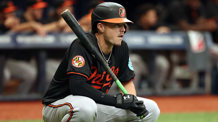 Aug 11, 2024; St. Petersburg, Florida, USA;  Baltimore Orioles first base Ryan Mountcastle (6) looks on while on deck to bat against the Tampa Bay Rays during the first inning at Tropicana Field