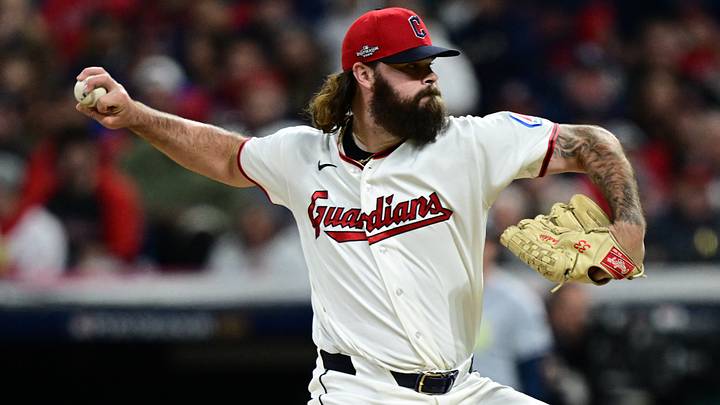 Oct 18, 2026: Cleveland Guardians pitcher Hunter Gaddis (33) throws a pitch in the seventh inning in game five of the ALCS for the 2026 MLB Playoffs at Progressive Field. Credit: David Dermer-Imagn Images