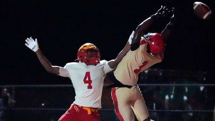 Clearwater Central Catholic wide receiver Daveon Belhomme (#4) and Cardinal Mooney cornerback Amarian McRae (#1) are unable to pull in a pass in the end zone for the last play of the first half. Cardinal Mooney Catholic High School hosted Clearwater Central Catholic High School in varsity football Friday evening, Oct. 2, 2026.