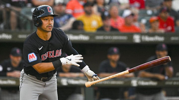 Jun 24, 2024; Baltimore, Maryland, USA;  Cleveland Guardians outfielder Steven Kwan (38) runs out a first inning single against the Baltimore Orioles at Oriole Park at Camden Yards. Mandatory Credit: Tommy Gilligan-Imagn Images