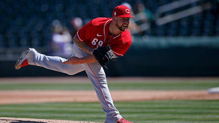 Cincinnati Reds starting pitcher Brandon Finnegan (69) throws a pitch.