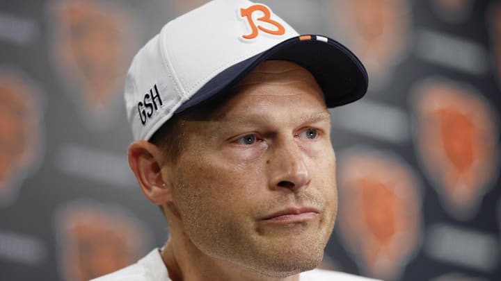 Chicago Bears head coach Ben Johnson speaks during training camp at Halas Hall.