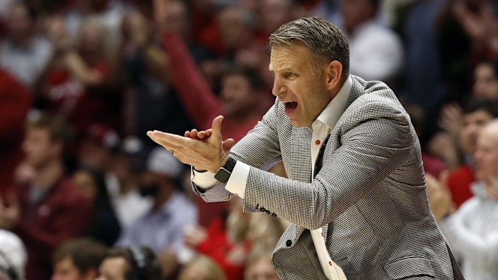 Jan 24, 2024; Tuscaloosa, Alabama, USA; Alabama Crimson Tide head coach Nate Oats reacts after a scoring play against the Auburn Tigers during the first half at Coleman Coliseum. Mandatory Credit: Butch Dill-Imagn Images