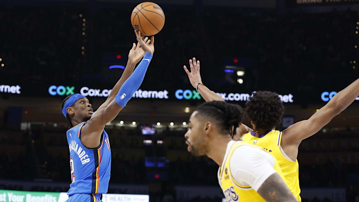 Nov 30, 2023; Oklahoma City, Oklahoma, USA; Oklahoma City Thunder guard Shai Gilgeous-Alexander (2) shoots against the Los Angeles Lakers during the second half at Paycom Center. Mandatory Credit: Alonzo Adams-USA TODAY Sports