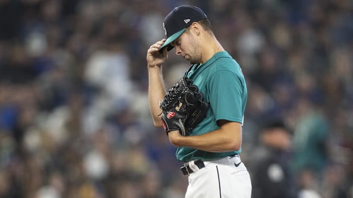 Seattle Mariners reliever Matt Brash stands on the mound during a game against the Texas Rangers on Sept. 30, 2023, at T-Mobile Park.