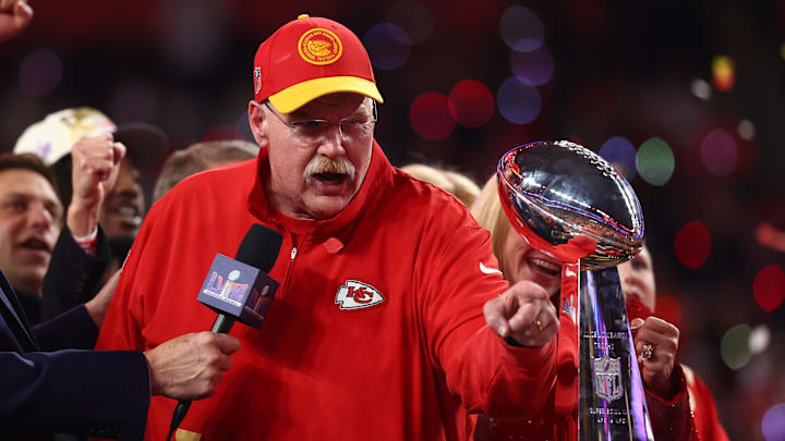 Feb 11, 2024; Paradise, Nevada, USA; Kansas City Chiefs head coach Andy Reid celebrates with the Vince Lombardi Trophy after defeating the San Francisco 49ers in Super Bowl LVIII at Allegiant Stadium. Mandatory Credit: Mark J. Rebilas-Imagn Images