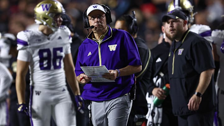 Sep 27, 2024; Piscataway, New Jersey, USA; Washington Huskies head coach Jedd Fisch looks on during the first half against the Rutgers Scarlet Knights at SHI Stadium. Mandatory Credit: Vincent Carchietta-Imagn Images
