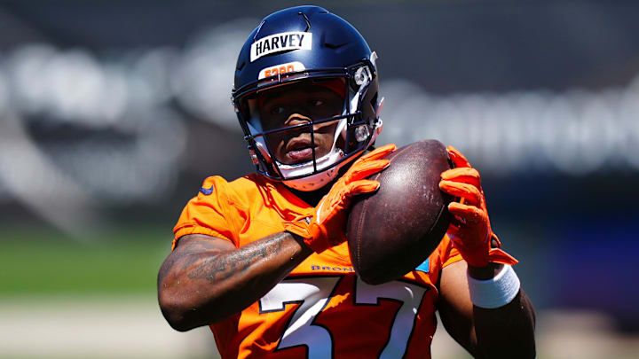 May 10, 2025; Englewood, CO, USA; Denver Broncos running back RJ Harvey (37) during rookie minicamp at Broncos Park Powered by CommonSpirit. 