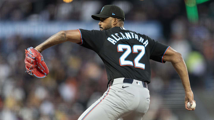 Apr 24, 2026; San Francisco, California, USA; Miami Marlins starting pitcher Sandy Alcantara (22) delivers a pitch against the San Francisco Giants during the second inning at Oracle Park. 