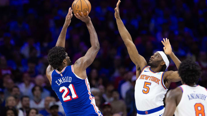 Apr 25, 2024; Philadelphia, Pennsylvania, USA; Philadelphia 76ers center Joel Embiid (21) shoots