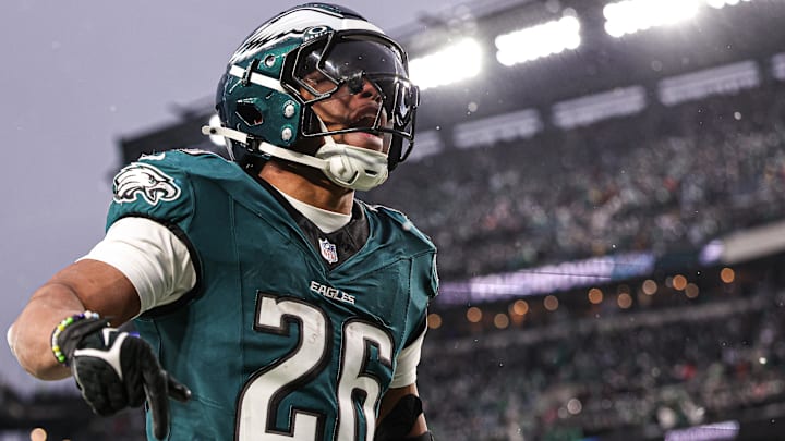  Philadelphia Eagles running back Saquon Barkley (26) reacts to his touchdown against the Los Angeles Rams in a 2025 NFC divisional round game at Lincoln Financial Field.
