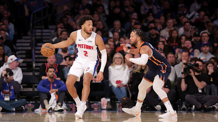 Feb 26, 2024; New York, New York, USA; Detroit Pistons guard Cade Cunningham (2) controls the ball against New York Knicks guard Jalen Brunson (11) during the fourth quarter at Madison Square Garden. Mandatory Credit: Brad Penner-Imagn Images