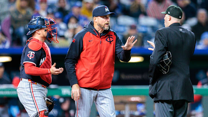 Apr 7, 2025; Kansas City, Missouri, USA; Minnesota Twins manager Rocco Baldelli argues with the home plate umpire after a call during the sixth inning against the Kansas City Royals at Kauffman Stadium.
