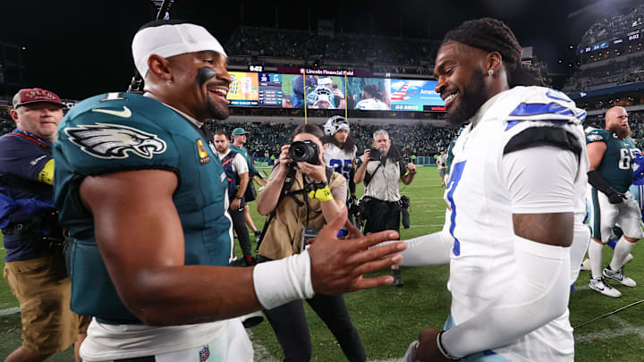 Sep 4, 2025; Philadelphia, Pennsylvania, USA; Philadelphia Eagles quarterback Jalen Hurts (1) shakes hands with Dallas Cowboys cornerback Trevon Diggs (7) after the game at Lincoln Financial Field. Mandatory Credit: Bill Streicher-Imagn Images Sep 4, 2025; Philadelphia, Pennsylvania, USA; Philadelphia Eagles quarterback Jalen Hurts (1) shakes hands with Dallas Cowboys cornerback Trevon Diggs (7) after the game at Lincoln Financial Field. Mandatory Credit: Bill Streicher-Imagn Images