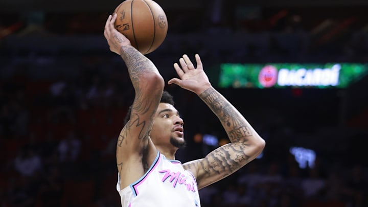 Apr 13, 2025; Miami, Florida, USA;  Miami Heat center Kel'el Ware (7) shoots against the Washington Wizards during the first half at Kaseya Center. Mandatory Credit: Rhona Wise-Imagn Images