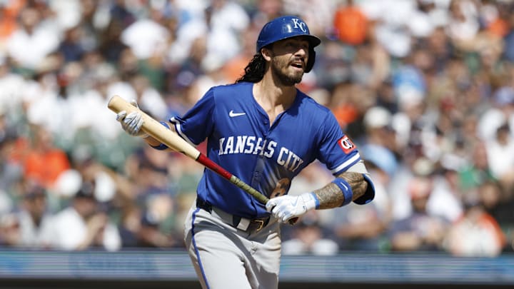 Aug 24, 2025; Detroit, Michigan, USA; Kansas City Royals second baseman Jonathan India (6) hits a double during an at bat in the sixth inning against the Detroit Tigers at Comerica Park. Mandatory Credit: Brian Bradshaw Sevald-Imagn Images