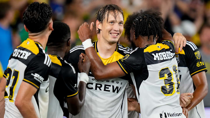 Columbus Crew midfielder Lassi Lappalainen (26) reacts after scoring a goal in the second half of the game at Lower.com Field on Saturday, July 19, 2025 in Columbus, Ohio.