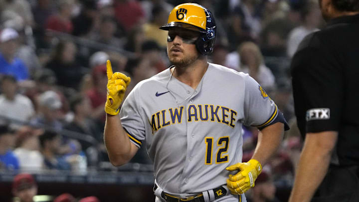 Sep 4, 2022; Phoenix, Arizona, USA; Milwaukee Brewers right fielder Hunter Renfroe (12) reacts after