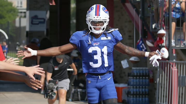Bills rookie defensive back Maxwell Hairston high-fives fans as he runs onto the field during day five of Buffalo Bills training camp at St. John Fisher University Monday, July 28, 2025 in Pittsford, NY.