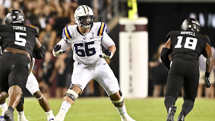 Oct 26, 2024; College Station, Texas, USA; LSU Tigers offensive tackle Will Campbell (66) in action during the second half against the Texas A&M Aggies. The Aggies defeated the Tigers 38-23; at Kyle Field.  