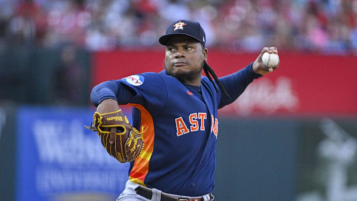 Jun 27, 2023; St. Louis, Missouri, USA; Houston Astros starting pitcher Framber Valdez (59) pitches against the St. Louis Cardinals during the first inning at Busch Stadium. Mandatory Credit: Jeff Curry-Imagn Images Jun 27, 2023; St. Louis, Missouri, USA; Houston Astros starting pitcher Framber Valdez (59) pitches against the St. Louis Cardinals during the first inning at Busch Stadium. Mandatory Credit: Jeff Curry-Imagn Images