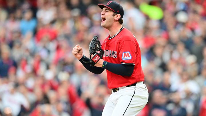 Oct 5, 2026: Cleveland Guardians pitcher Gavin Williams (32) reacts in the fourth inning in game two of the ALDS for the 2026 MLB Playoffs against the Chicago White Sox at Progressive Field. Credit: Ken Blaze-Imagn Images