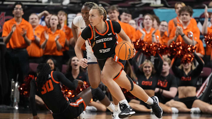 March 10, 2025; Las Vegas, NV, USA; Oregon State Beavers guard Kennedie Shuler (1) dribbles the basketball against the Gonzaga Bulldogs during the first half in the semifinal of the West Coast Conference tournament at Orleans Arena. Mandatory Credit: Kyle Terada-Imagn Images March 10, 2025; Las Vegas, NV, USA; Oregon State Beavers guard Kennedie Shuler (1) dribbles the basketball against the Gonzaga Bulldogs during the first half in the semifinal of the West Coast Conference tournament at Orleans Arena. Mandatory Credit: Kyle Terada-Imagn Images