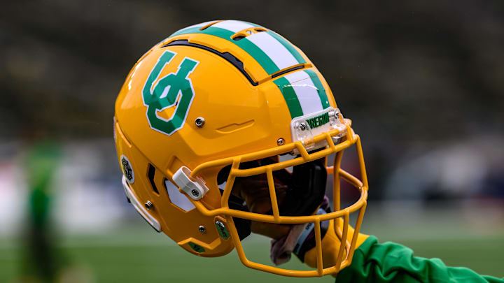 Oct 21, 2023; Eugene, Oregon, USA; Oregon Ducks helmet at Autzen Stadium. Mandatory Credit: Craig Strobeck-USA TODAY Sports