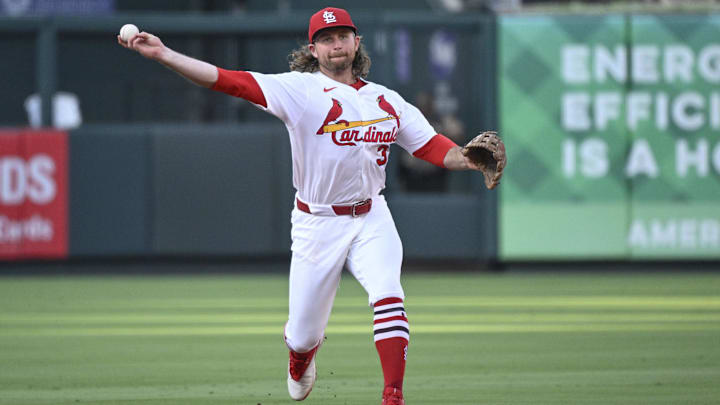 Jun 23, 2025; St. Louis, Missouri, USA; St. Louis Cardinals second baseman Brendan Donovan (33) throws to first for an out against the Chicago Cubs in the third inning at Busch Stadium. Mandatory Credit: Joe Puetz-Imagn Images Jun 23, 2025; St. Louis, Missouri, USA; St. Louis Cardinals second baseman Brendan Donovan (33) throws to first for an out against the Chicago Cubs in the third inning at Busch Stadium. Mandatory Credit: Joe Puetz-Imagn Images