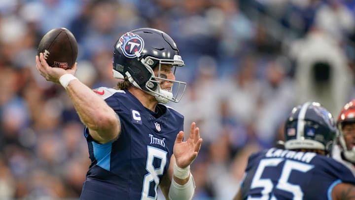 Tennessee Titans quarterback Will Levis (8) passes the ball during the first quarter at Nissan Stadium in Nashville, Tenn., Sunday, Dec. 15, 2024.