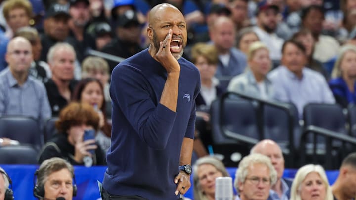 Apr 14, 2024; Orlando, Florida, USA; Orlando Magic head coach Jamahl Mosley shouts to the court Apr 14, 2024; Orlando, Florida, USA; Orlando Magic head coach Jamahl Mosley shouts to the court