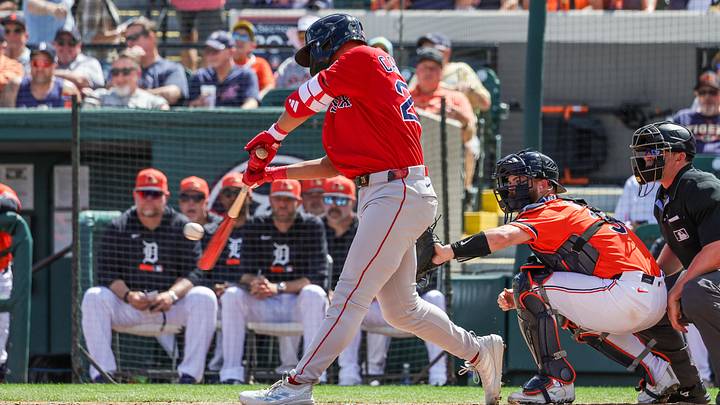 Mar 6, 2026; Lakeland, Florida, USA; Boston Red Sox outfielder Kristian Campbell (28) hits a two run home run during the first inning against the Detroit Tigers at Publix Field at Joker Marchant Stadium. Mandatory Credit: Mike Watters-Imagn Images Mar 6, 2026; Lakeland, Florida, USA; Boston Red Sox outfielder Kristian Campbell (28) hits a two run home run during the first inning against the Detroit Tigers at Publix Field at Joker Marchant Stadium. Mandatory Credit: Mike Watters-Imagn Images