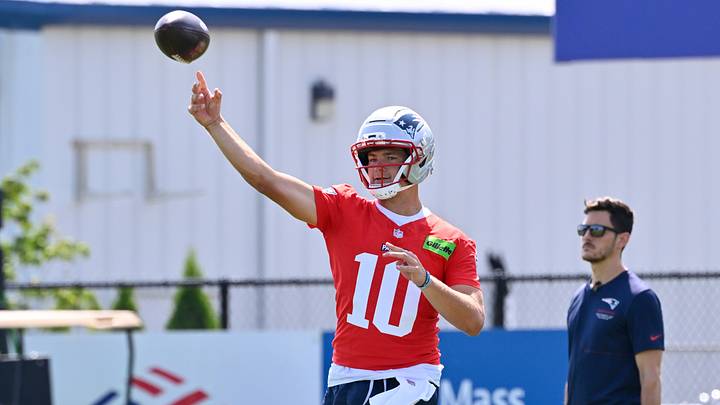 Jul 25, 2026; Foxborough, MA, USA; New England Patriots quarterback Drake Maye (10) throws a pass at training camp at Gillette Stadium. Mandatory Credit: Eric Canha-Imagn Images