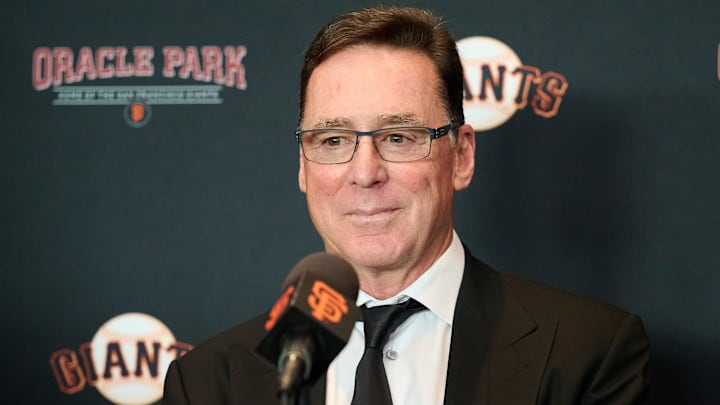 Oct 1, 2024; San Francisco, CA, USA; San Francisco Giants manager Bob Melvin reacts during a press conference at Oracle Park.