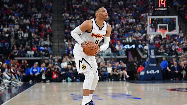 Apr 24, 2025; Inglewood, California, USA; Denver Nuggets guard Russell Westbrook (4) controls the ball against the Los Angeles Clippers during the first half of game three in the first round for the 2024 NBA Playoffs at Intuit Dome. Mandatory Credit: Gary A. Vasquez-Imagn Images