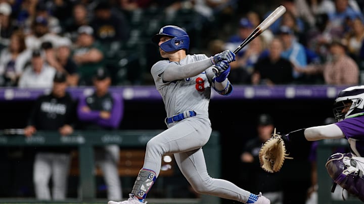 Los Angeles Dodgers right fielder Kike Hernandez (8) hits