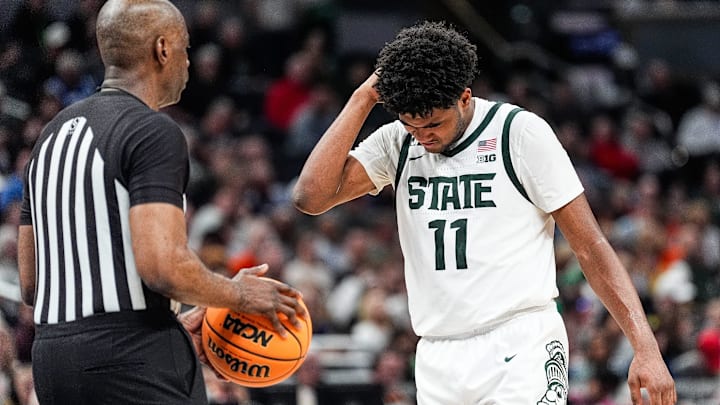 Michigan State guard Jase Richardson (11) checks his head as he walks for free throw after Oregon fouls on him during the second half of Big Ten Tournament quarterfinal at Gainbridge Fieldhouse in Indianapolis, Ind. on Friday, March 14, 2025.