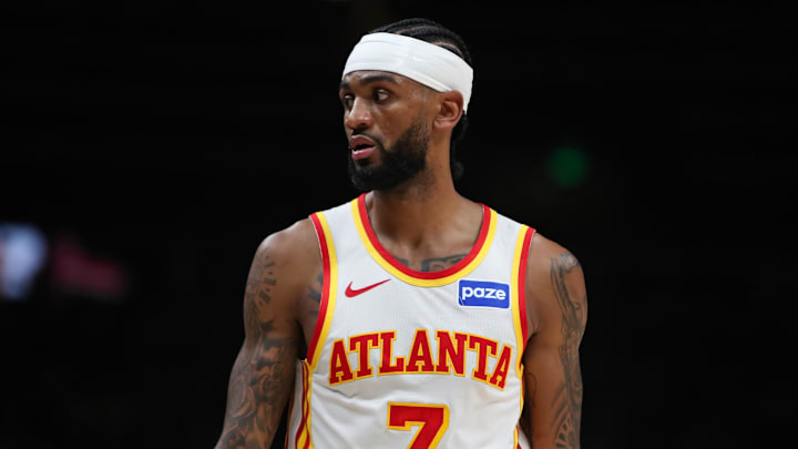 Mar 30, 2026; Atlanta, Georgia, USA; Atlanta Hawks guard Nickeil Alexander-Walker (7) on the court against the Boston Celtics in the second half at State Farm Arena. Mandatory Credit: Mady Mertens-Imagn Images