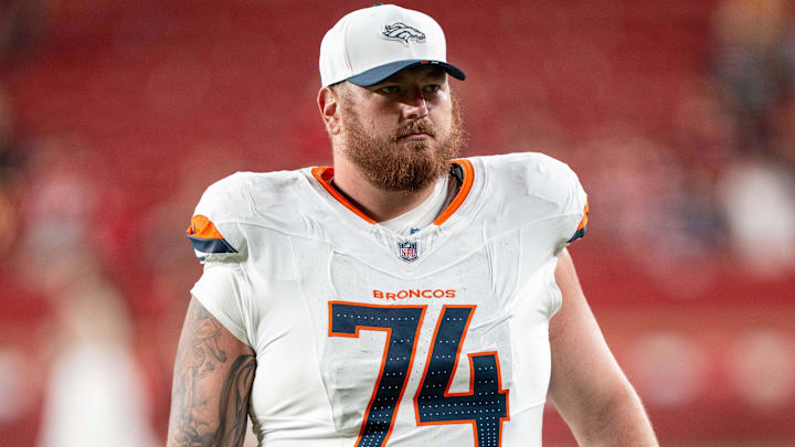 August 9, 2025; Santa Clara, California, USA; Denver Broncos guard Ben Powers (74) after the game against the San Francisco 49ers at Levi's Stadium. 